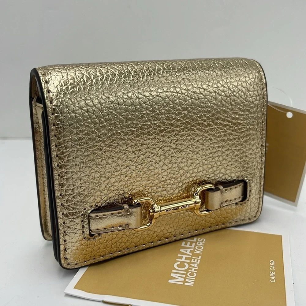 MICHAEL KORS Carson Small Metallic Pebbled Leather Wallet Pale Gold  NWT